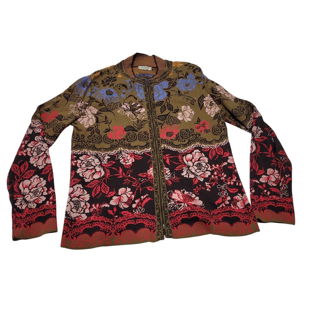 Ivko organic cotton knit floral jacquard jacket cardigan zip up maximalist 44